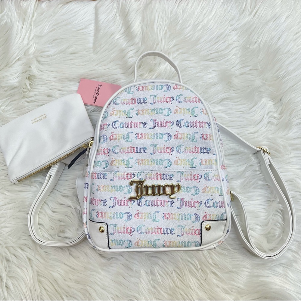 JUICY COUTURE GOTHIC STATUS RAINBOW BACKPACK BAG WITH PULL OUT POUCH. Juicy Logo